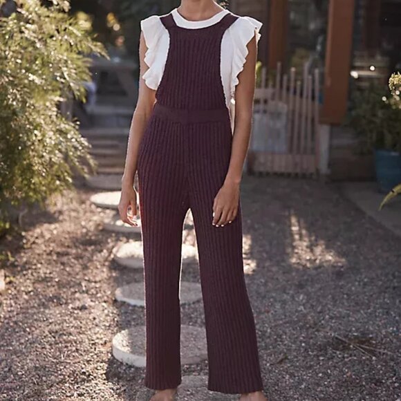 063 Free People Beach Cohen Sweater ribbed overalls NWOT Size Large - Picture 1 of 7
